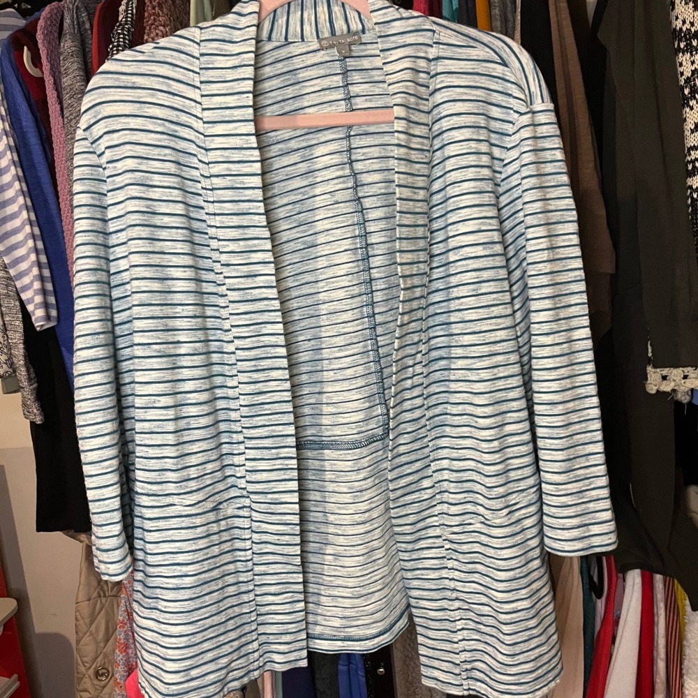 T by Talbots Striped Knit Cardigan Open‎ Front Blue White Womens Size X